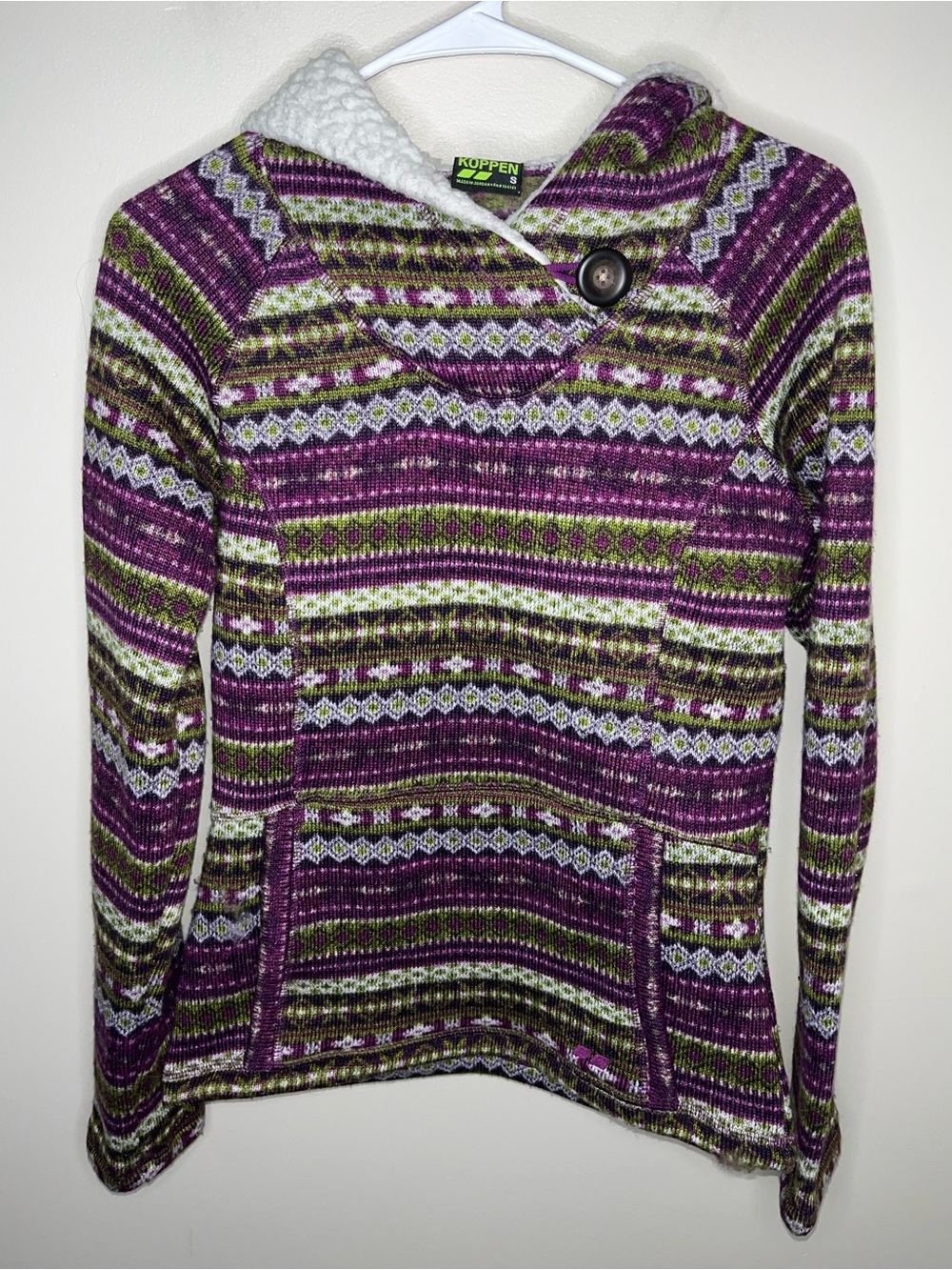 Koppen Sweater Womens Size S Fair Isle Aztec Pattern Hoodie Pockets Sherpa Hood